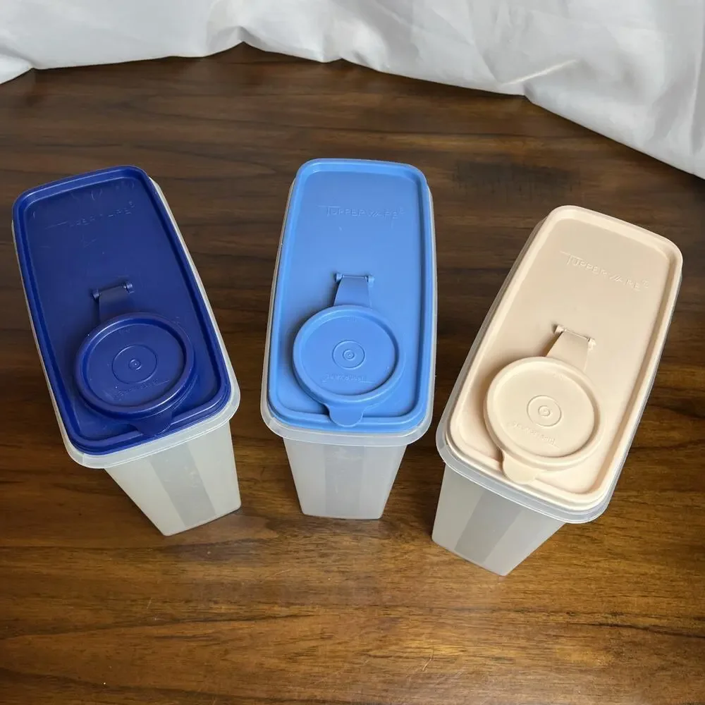 Three 12 Cup Vintage Tupperware Cereal Containers Blue & Cream Kitchen Organizer